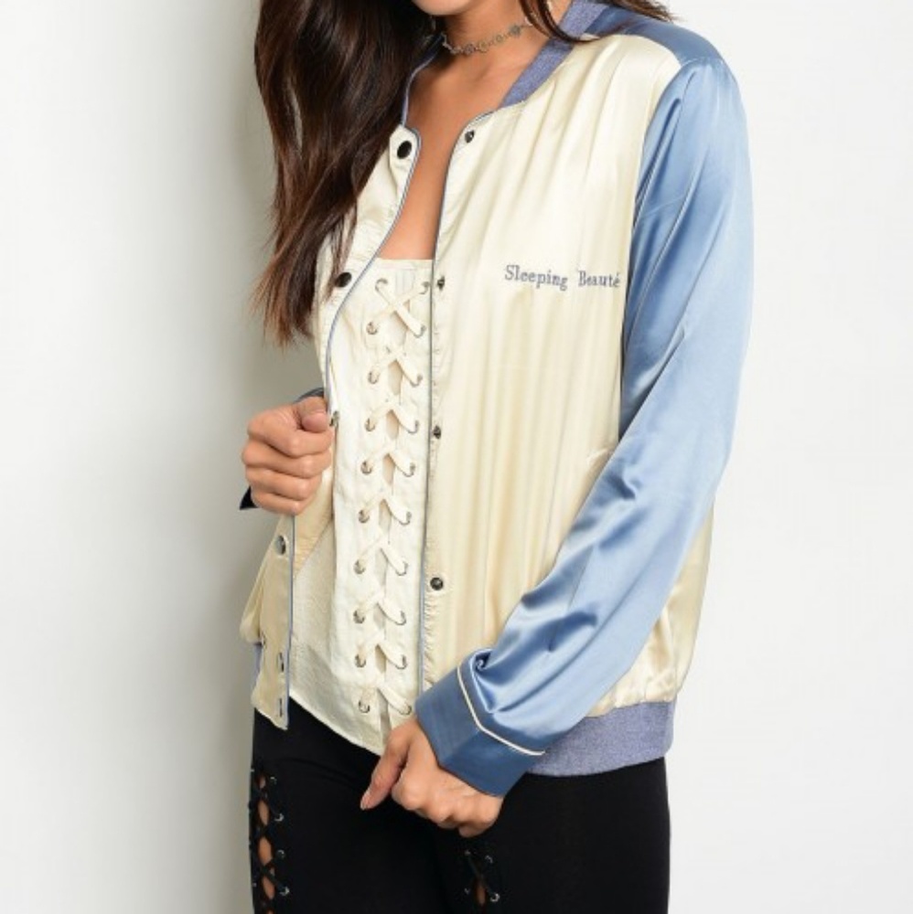 Cream blue satin bomber jacket